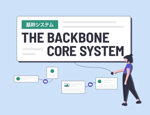 THE BACKBONE CORE SYSTEM”の文字と基幹システムラベルが中央に配置され、右手でモジュールを操作する人物のビジネスイラスト