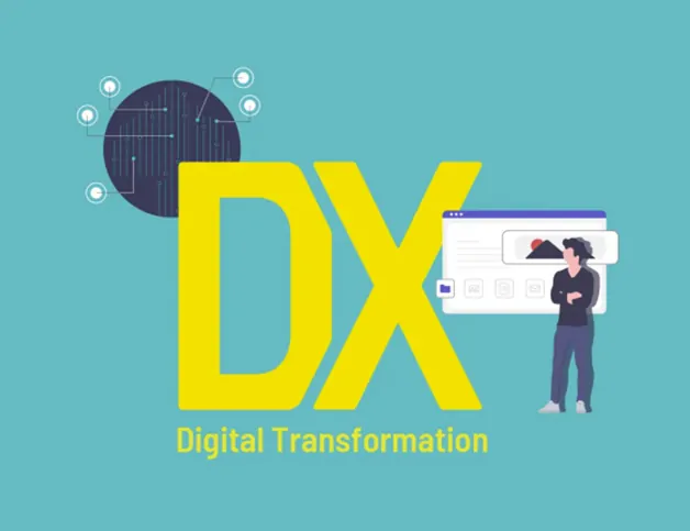 DX Digital Transformation”の文字を中央に、背景に回路図とウェブ画面を持つ人物のビジネスイラスト