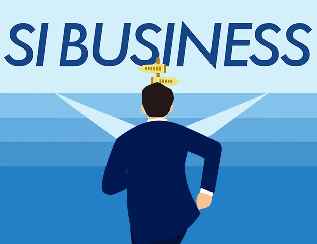 青いグラデーションの背景に大きく“SI BUSINESS”と表示され、背中を向けたスーツ姿の男性が二手に分かれる道標へ向かって走るイラスト