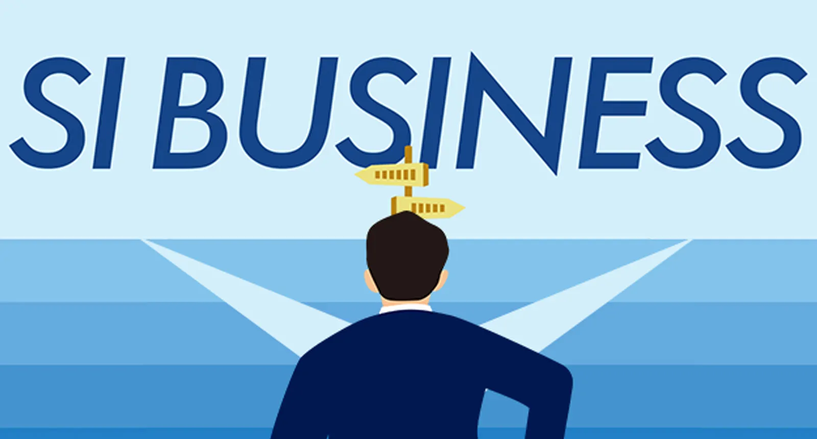 青いグラデーションの背景に大きく“SI BUSINESS”と表示され、背中を向けたワイシャツ姿の男性が二手に分かれる道標へ向かって走るイラスト