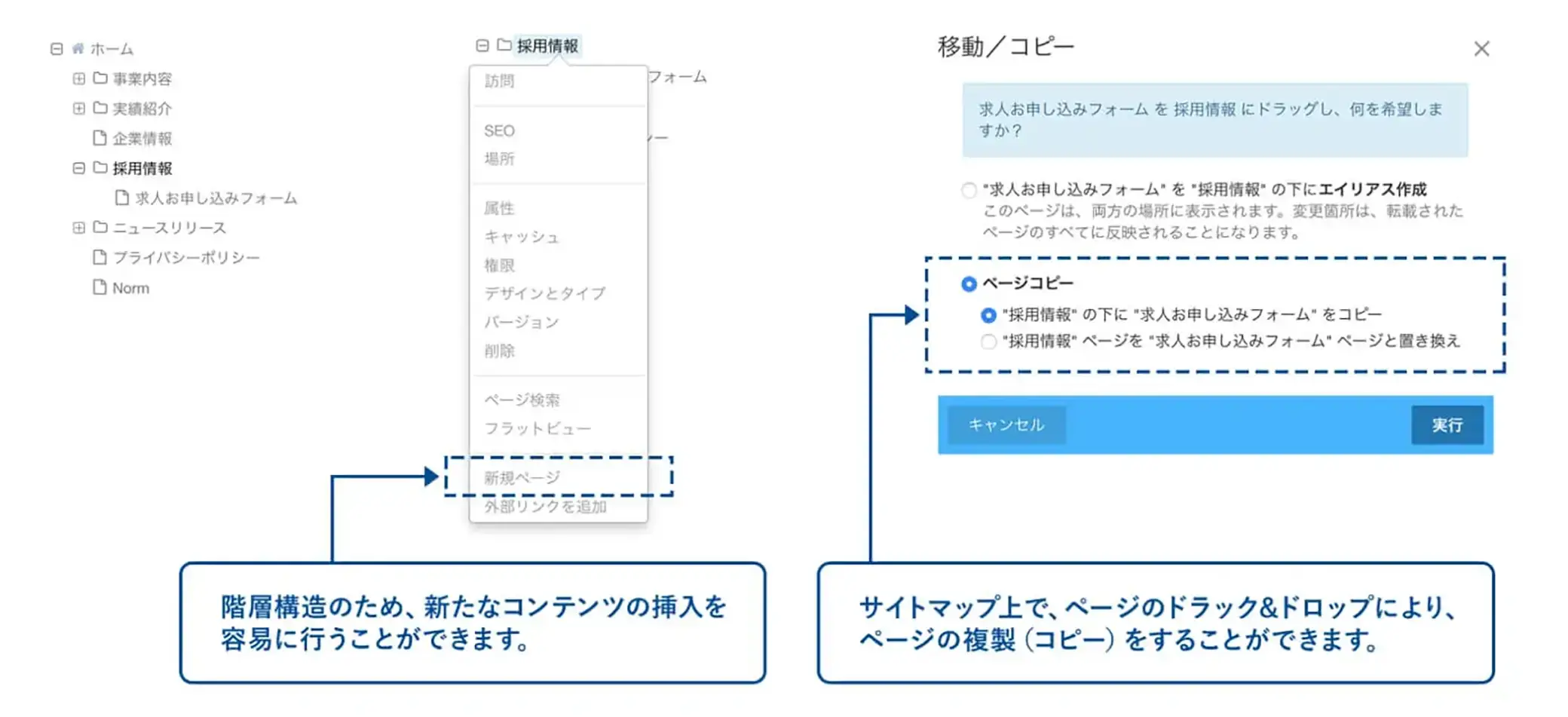 サイトマップツリーの『採用情報』を右クリックして『新規ページ』を選ぶメニューと、『移動/コピー』ダイアログが並ぶconcreteCMS編集画面